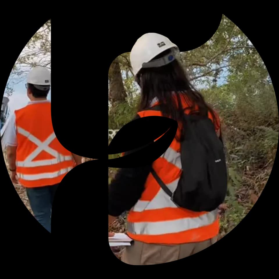 Equipe da Folha em vistoria de campo, com capacete e colete, numa foto recortada no formato do símbolo da marca